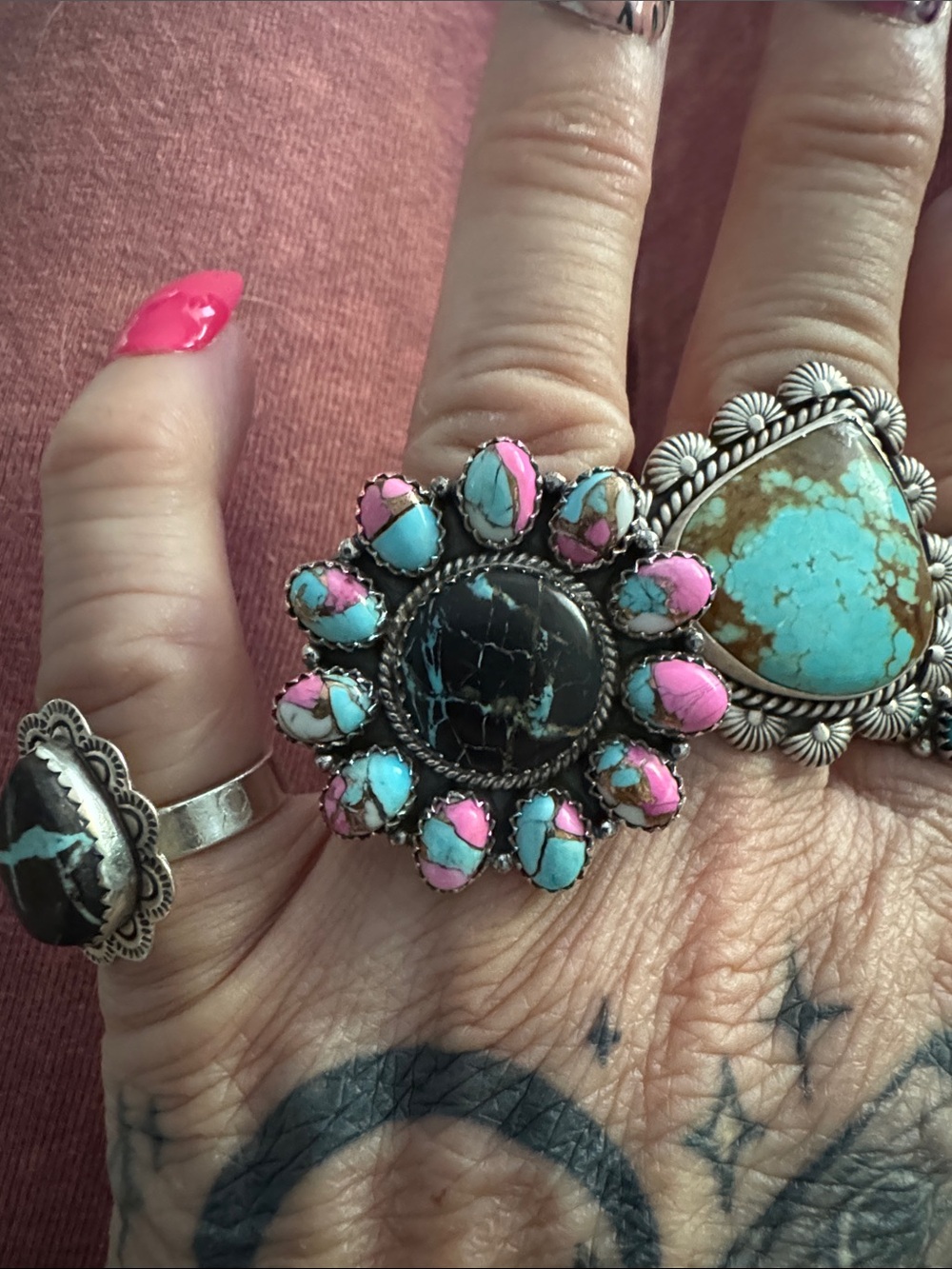Turquoise blackjack and cotton candy Pink Floral Statement Ring 925 silver